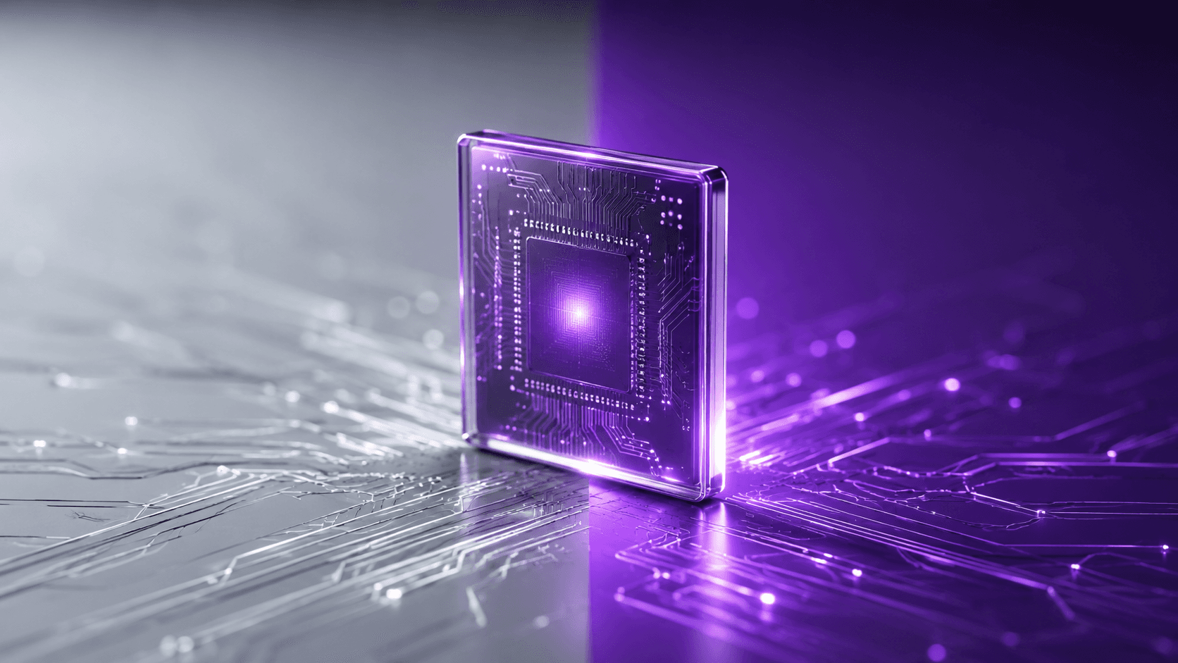 Microchip split between grey and purple sides, representing the Intel to Apple Silicon architecture shift