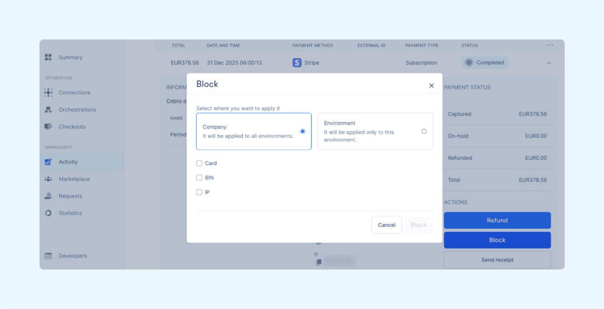 Block the card, BIN, or IP from Activity in Zru