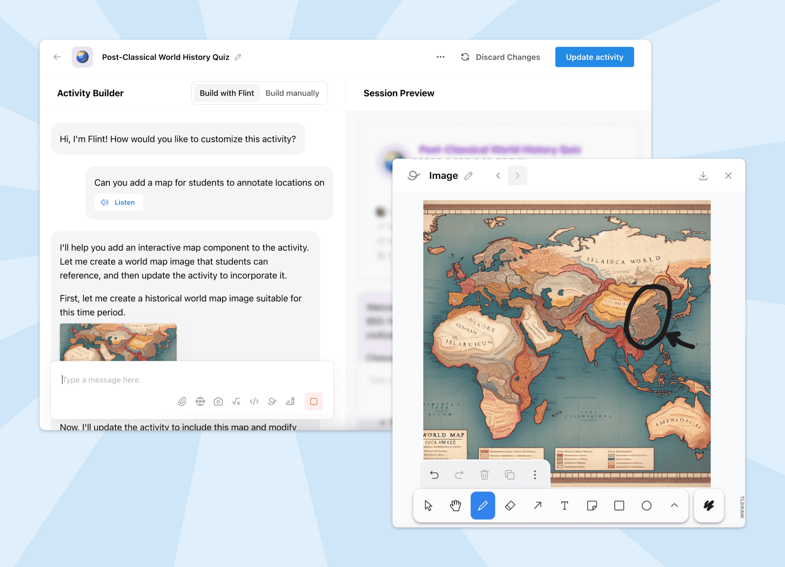 Hero image of Flint's new activity builder interface and whiteboard attachment.
