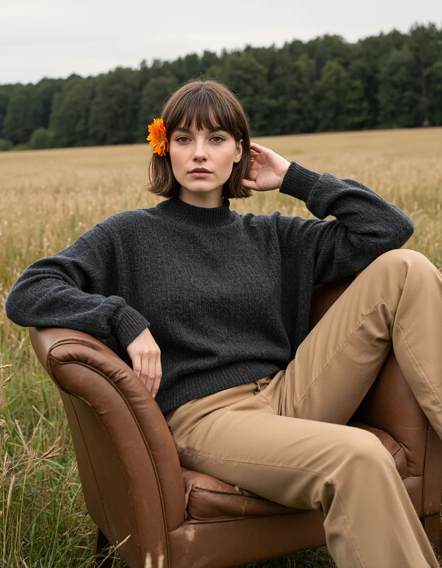 Stylish portrait in wheat field featuring dark sweater, tan pants, and orange flower accent against forest backdrop in autumn setting