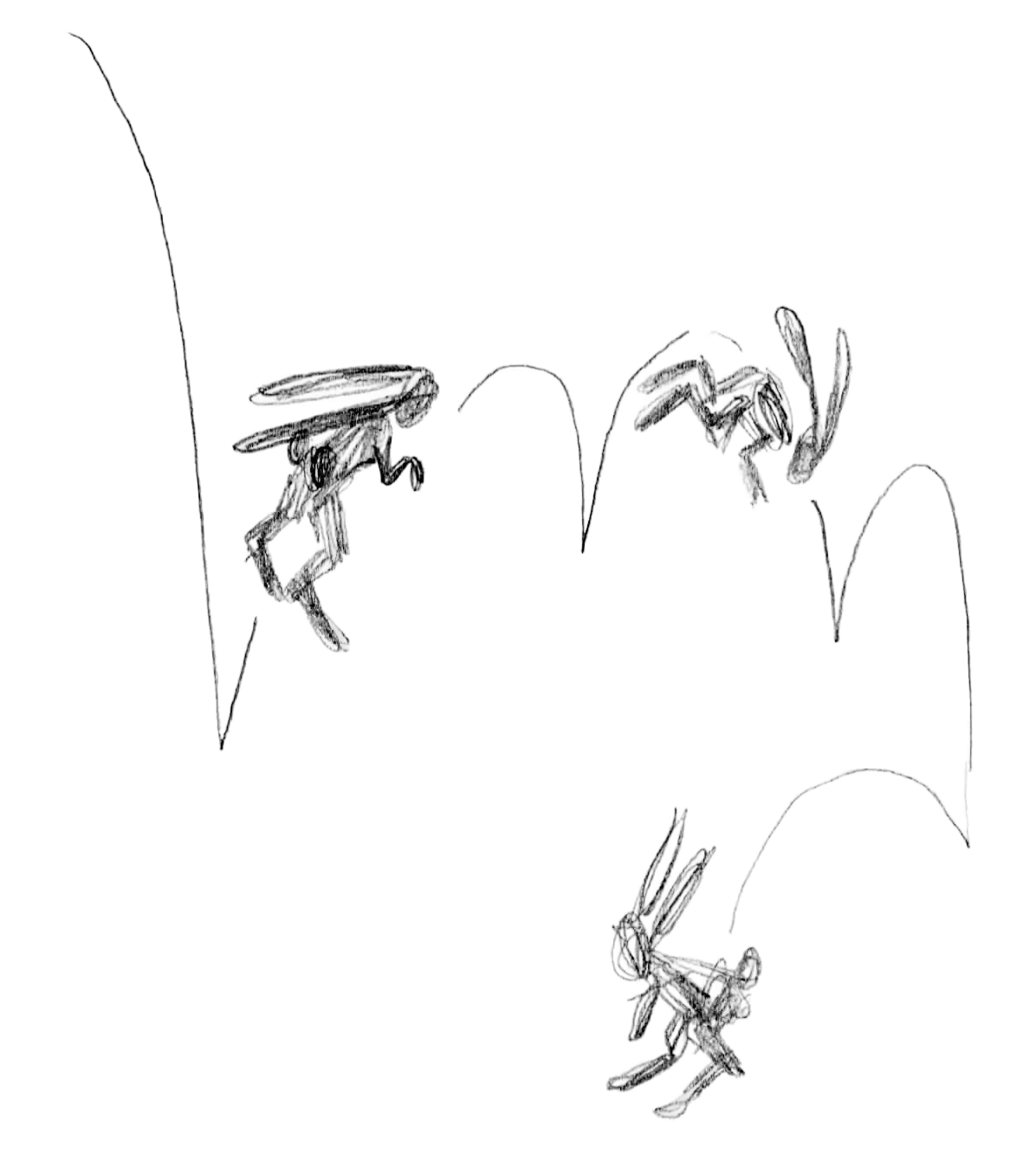 Plusieurs silhouettes de lapins stylisés bondissant vers le bas dans une composition organique et fragmentée