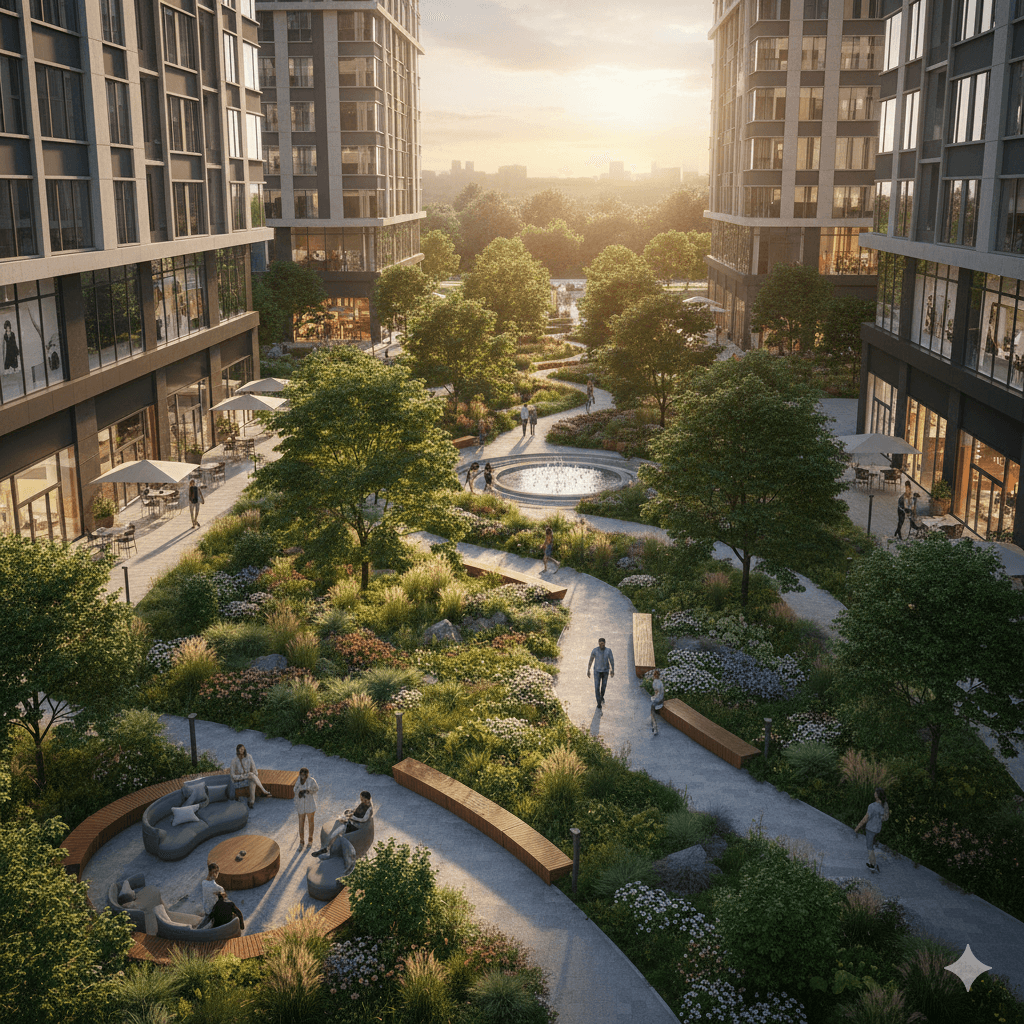 Landscaped outdoor shopping courtyard with lush gardens and pedestrian pathways in Sector 89