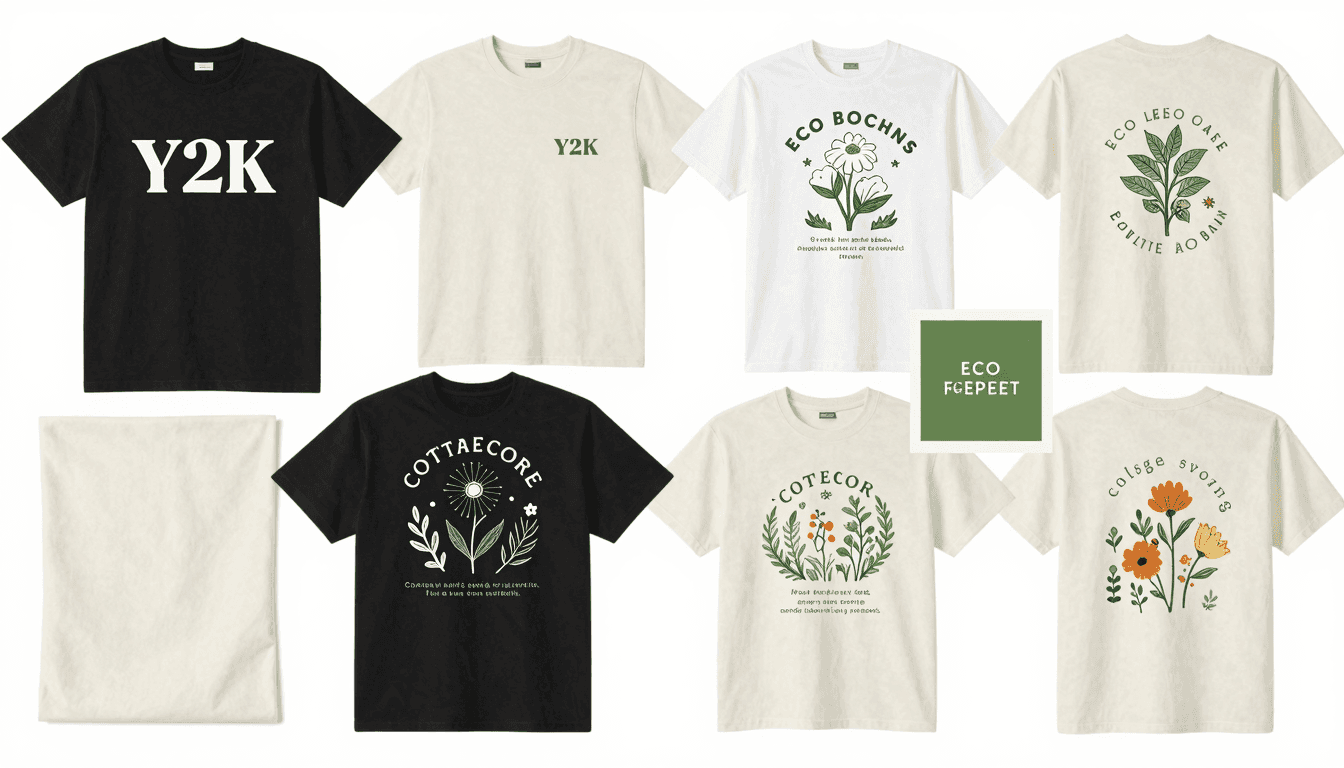 Trending t-shirt design themes for 2026 including Y2K and eco styles