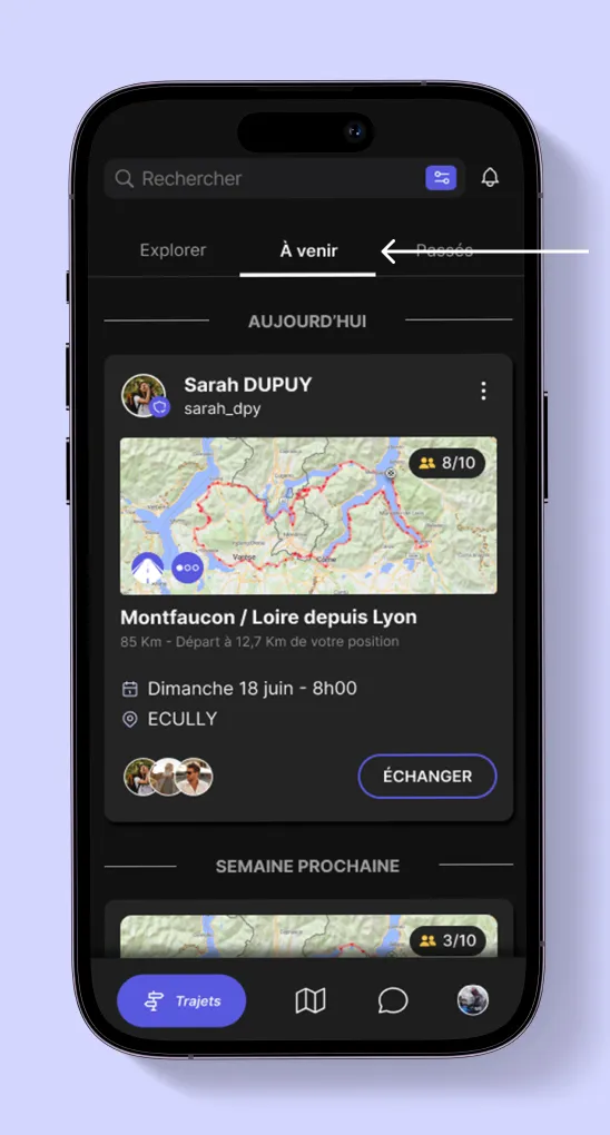 Liste des trajets à venir sur On Wheels avec option de modification d’un trajet