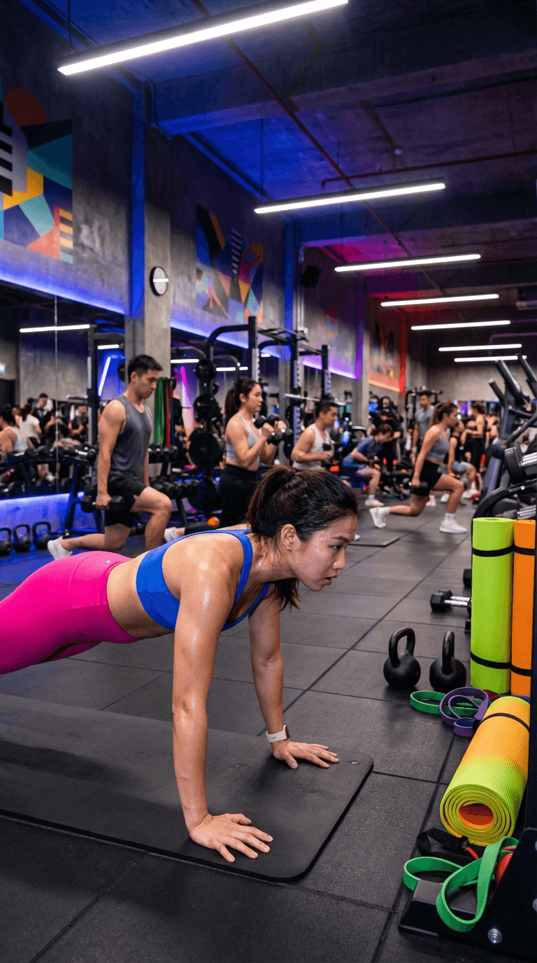健身室團體體能訓練引流活動，女子在瑜伽墊進行平板支撐，霓虹燈光下學員練習深蹲，專業健身行業獲客場景。
