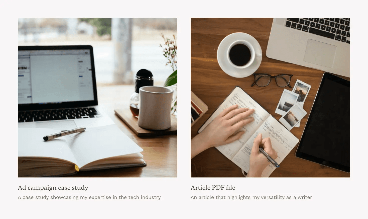 Two projects in a portfolio grid on a Copyfolio website. One is a case study page about an ad campaign in the tech industry, the other an article as a downloadable PDF file.