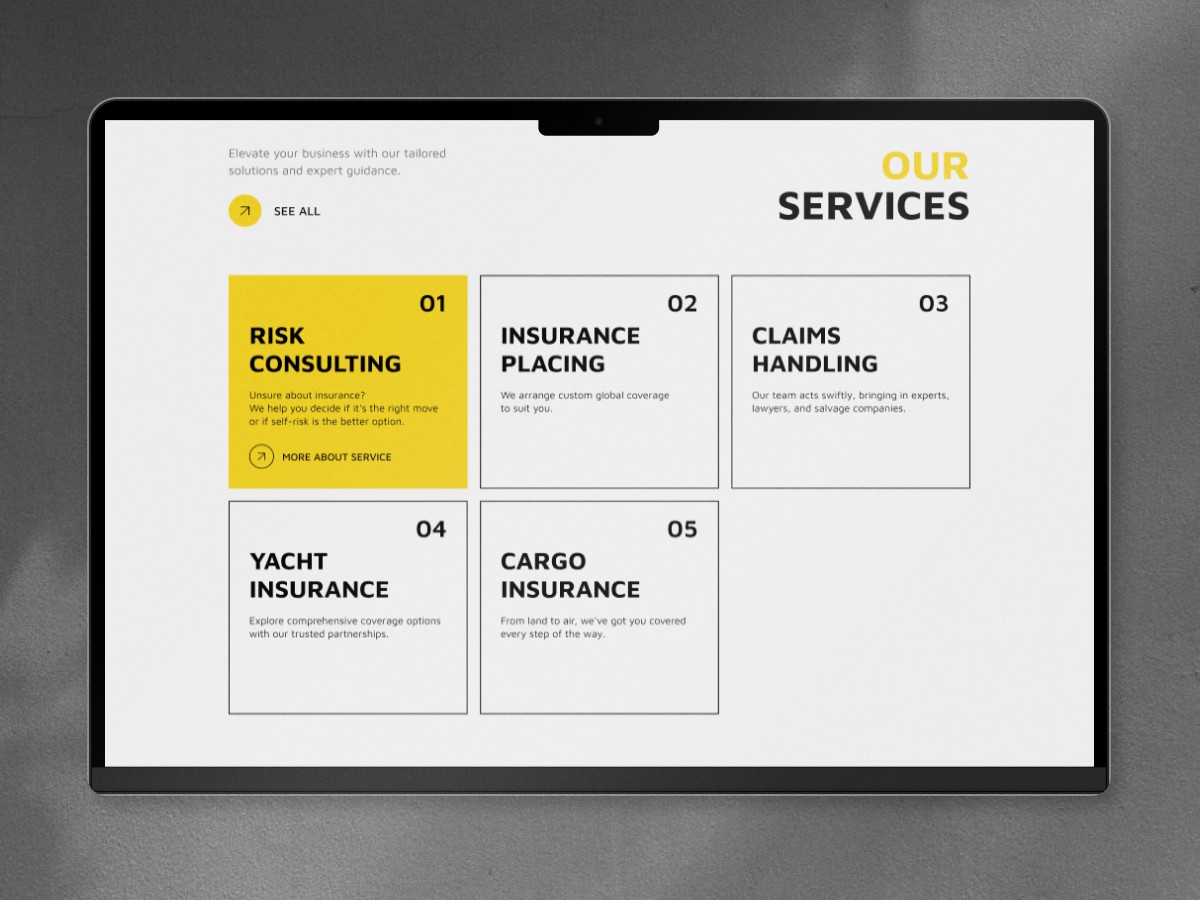 Insurance services platform displaying risk consulting cargo and yacht insurance