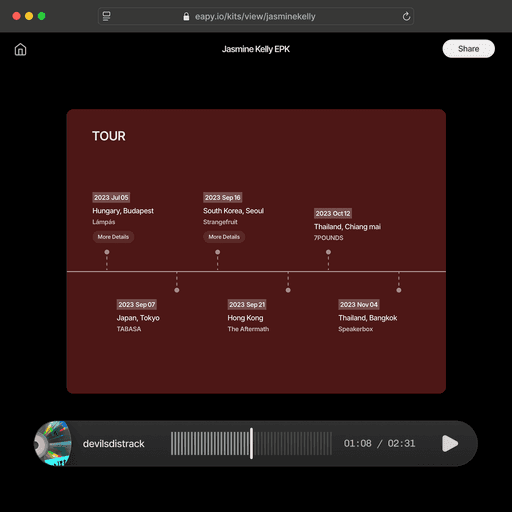 Jasmine Kelly live performance highlights and tour history, showcasing concerts and appearances as an indie artist from New York