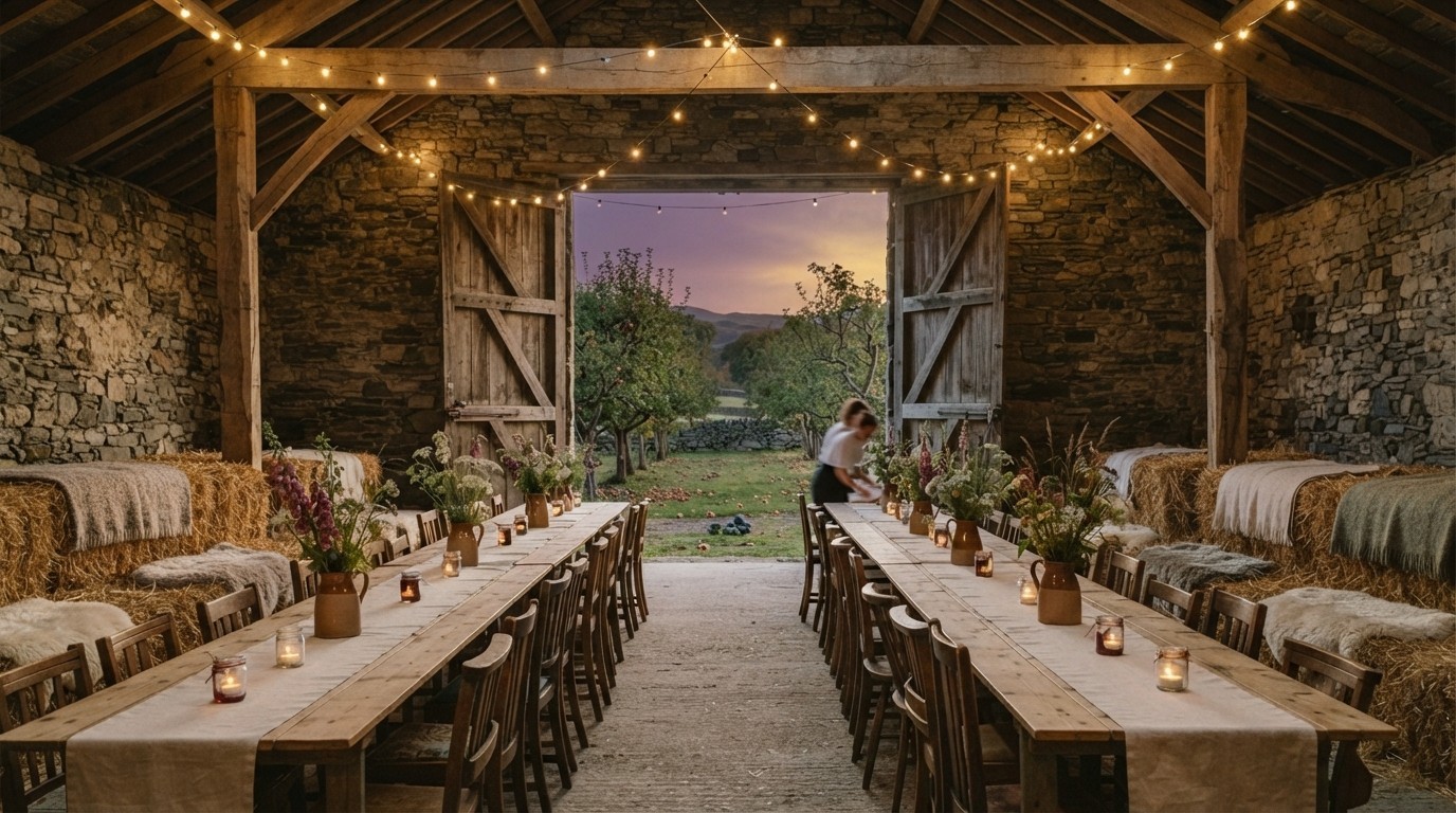 The old stone barn set with long tables and string lights at dusk