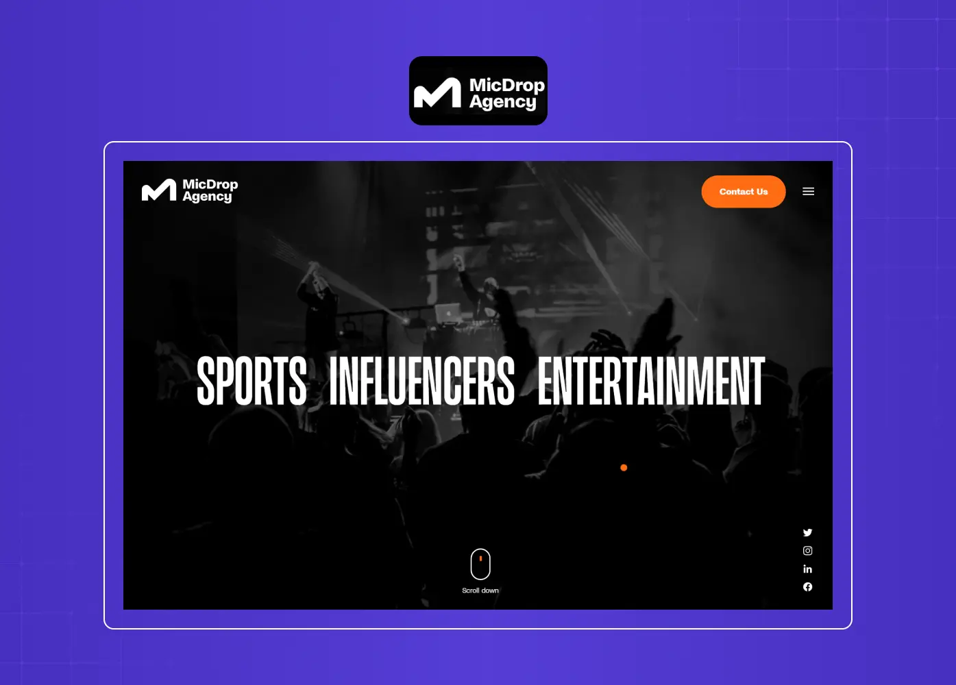 Dark-themed agency homepage focused on sports, influencers, and entertainment talent representation.