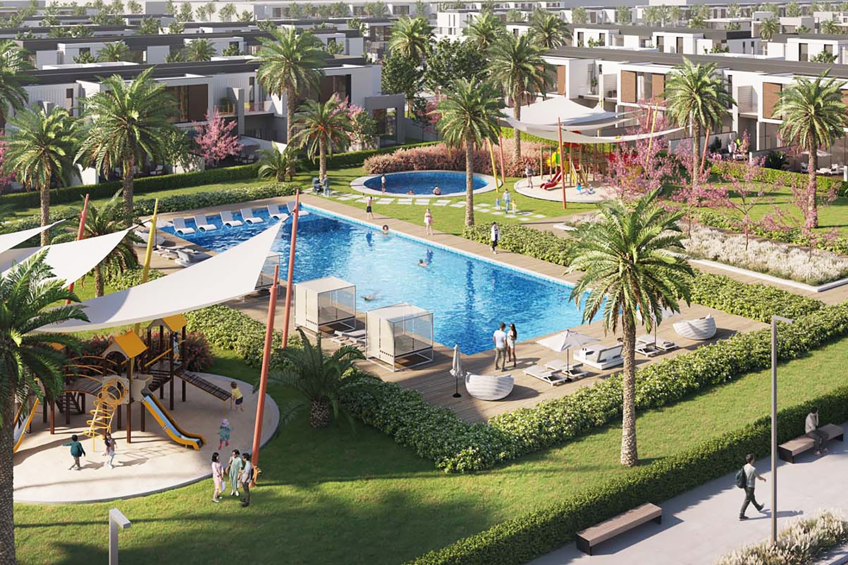 rtist's rendering of Murooj Al Furjan's new community park, showcasing green spaces and recreational areas for residents.