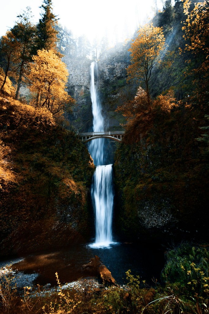 A bridge over a waterfall surrounded by trees