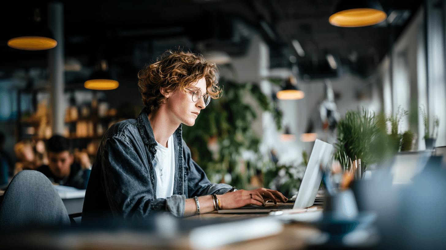 Lady focused doing studies on laptop