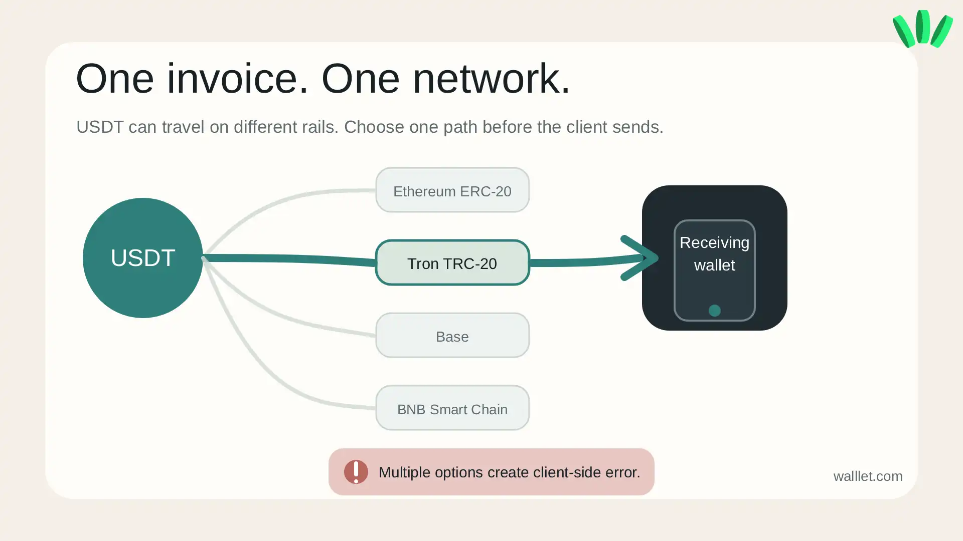 USDT network selection visual showing one approved network path to the receiving wallet and other network options faded out.