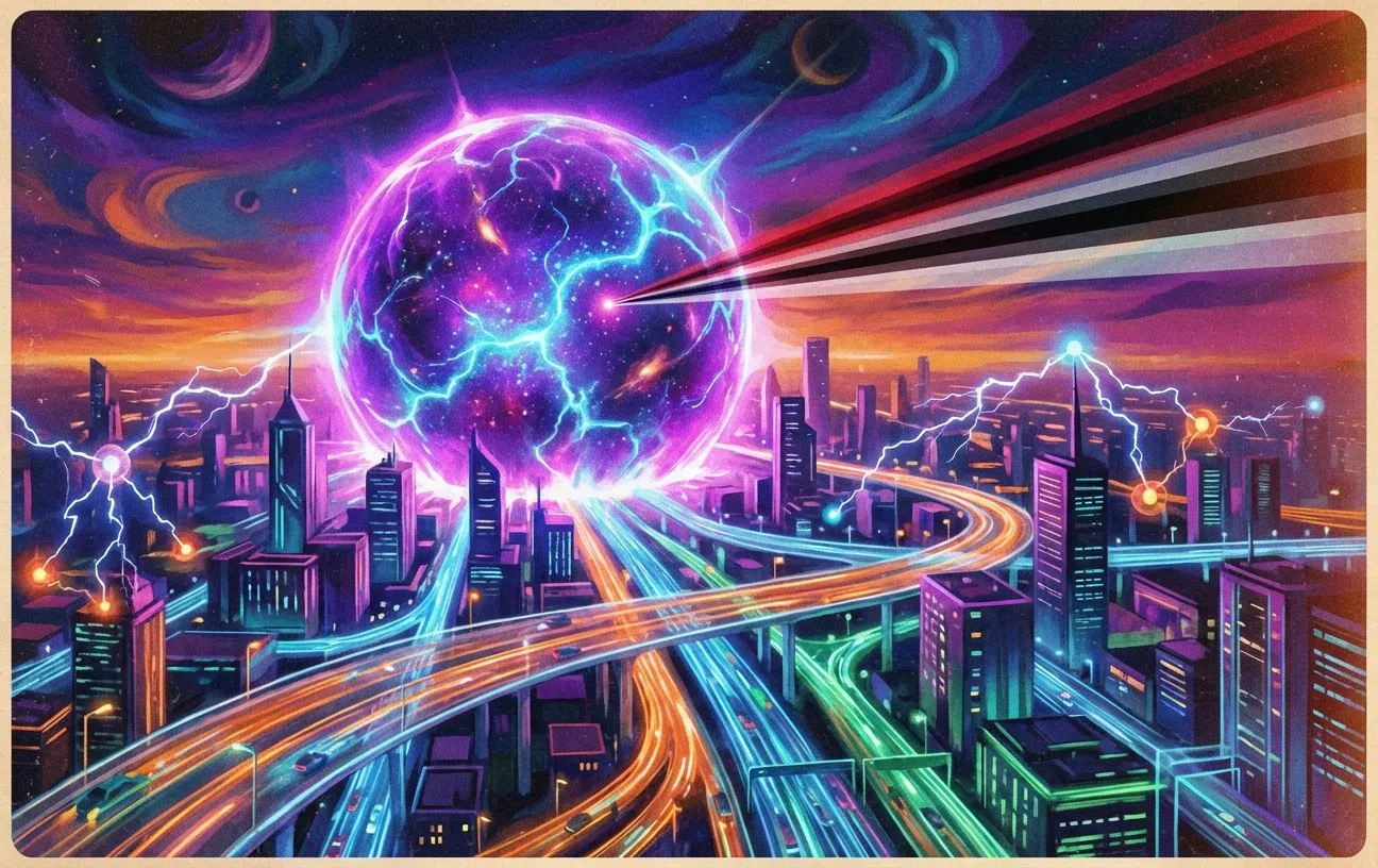Futuristic city with vibrant energy sphere; RockN' Socials Digital Marketing Agency.