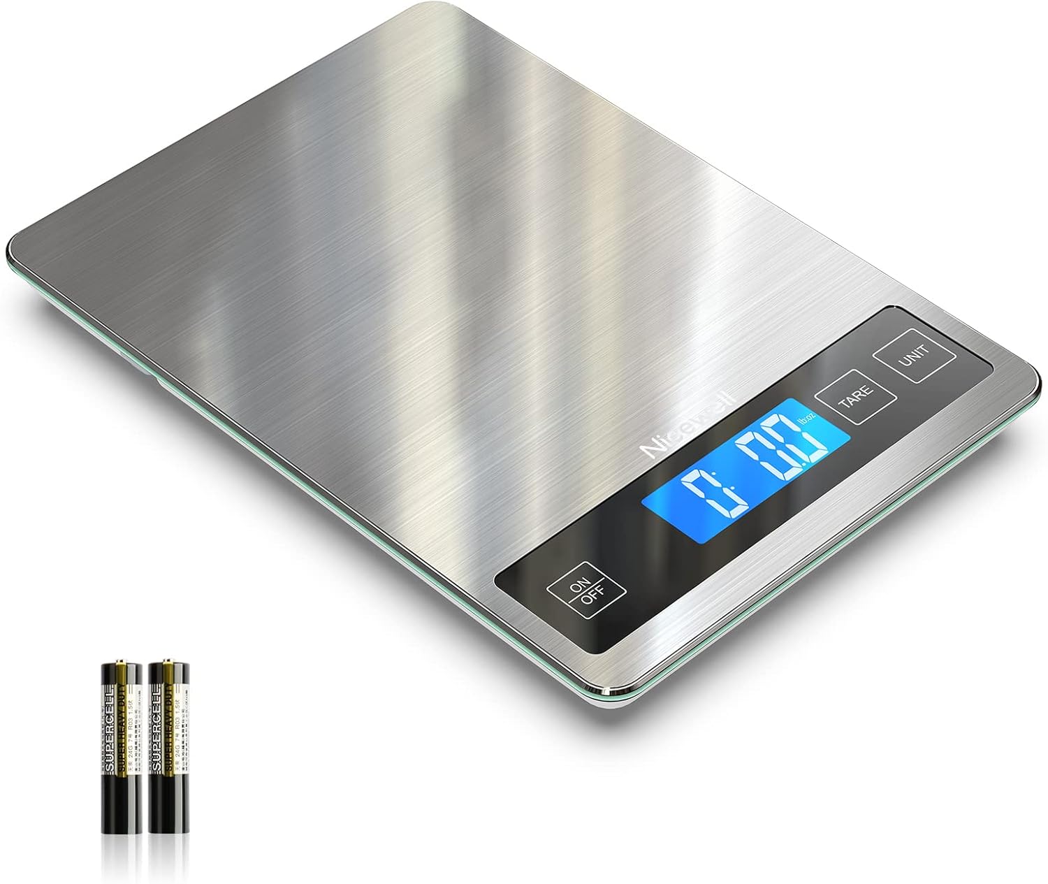 Nicewell digital food scale with large backlit LCD screen and sleek silver finish