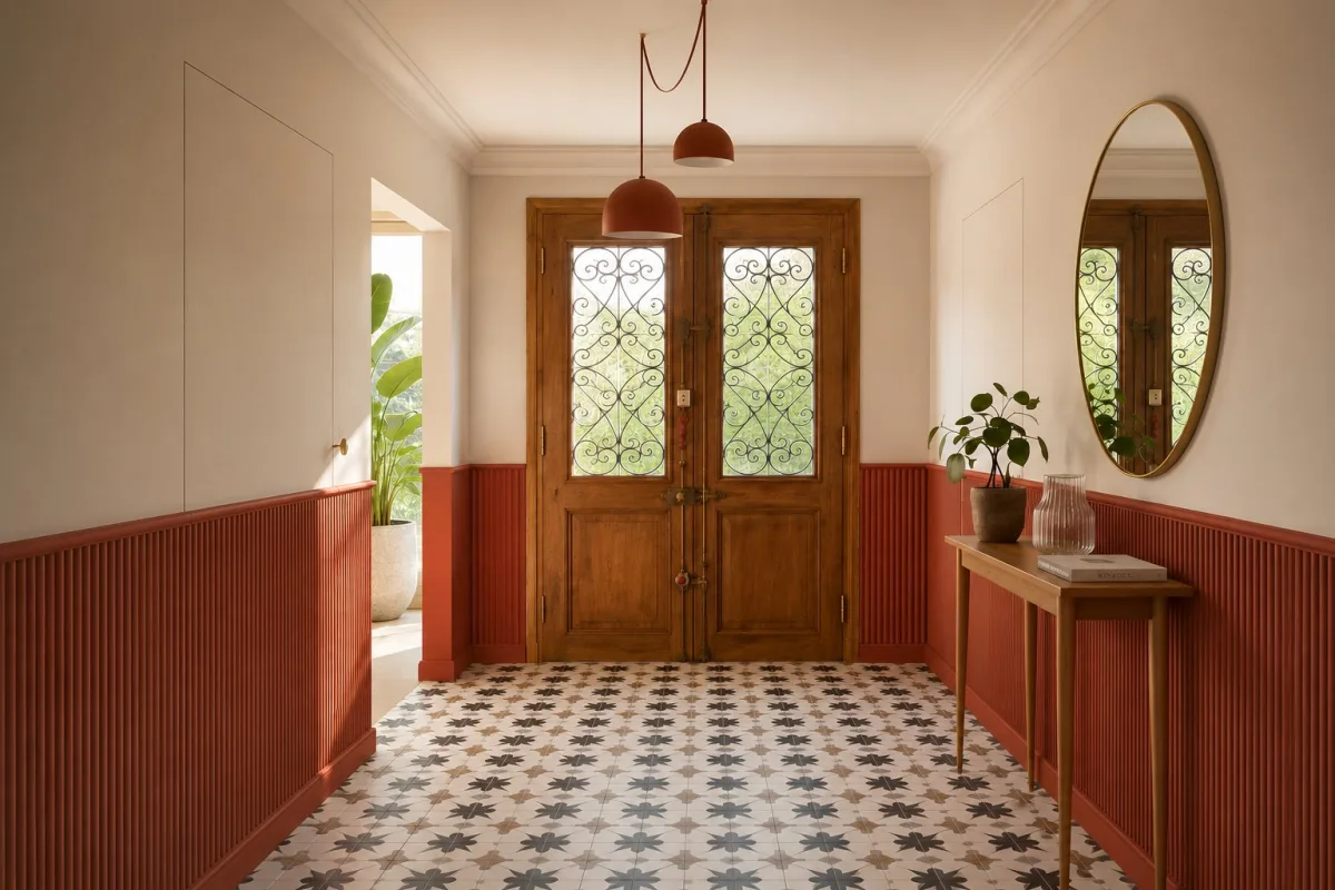 Rénovation d'une entrée haussmannienne avec carreaux de ciment, lambris terracotta et porte en bois sculpté, par Maud Ravetto architecte d'intérieur en Île-de-France