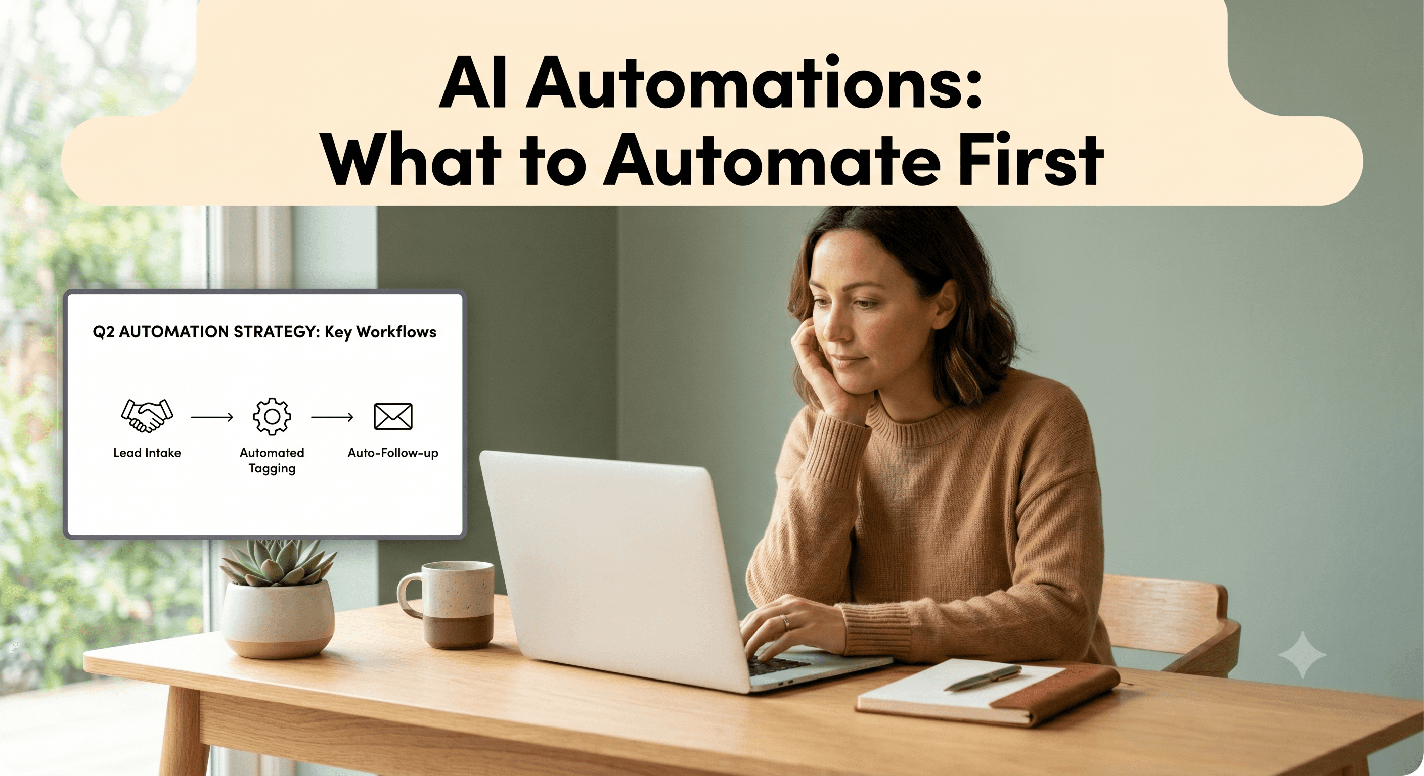 Small business owner reviewing an AI automation plan on a laptop at a tidy desk