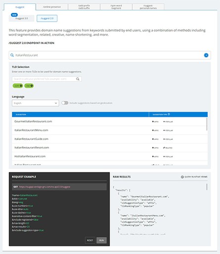 screenshot of the NameStudio API demo page