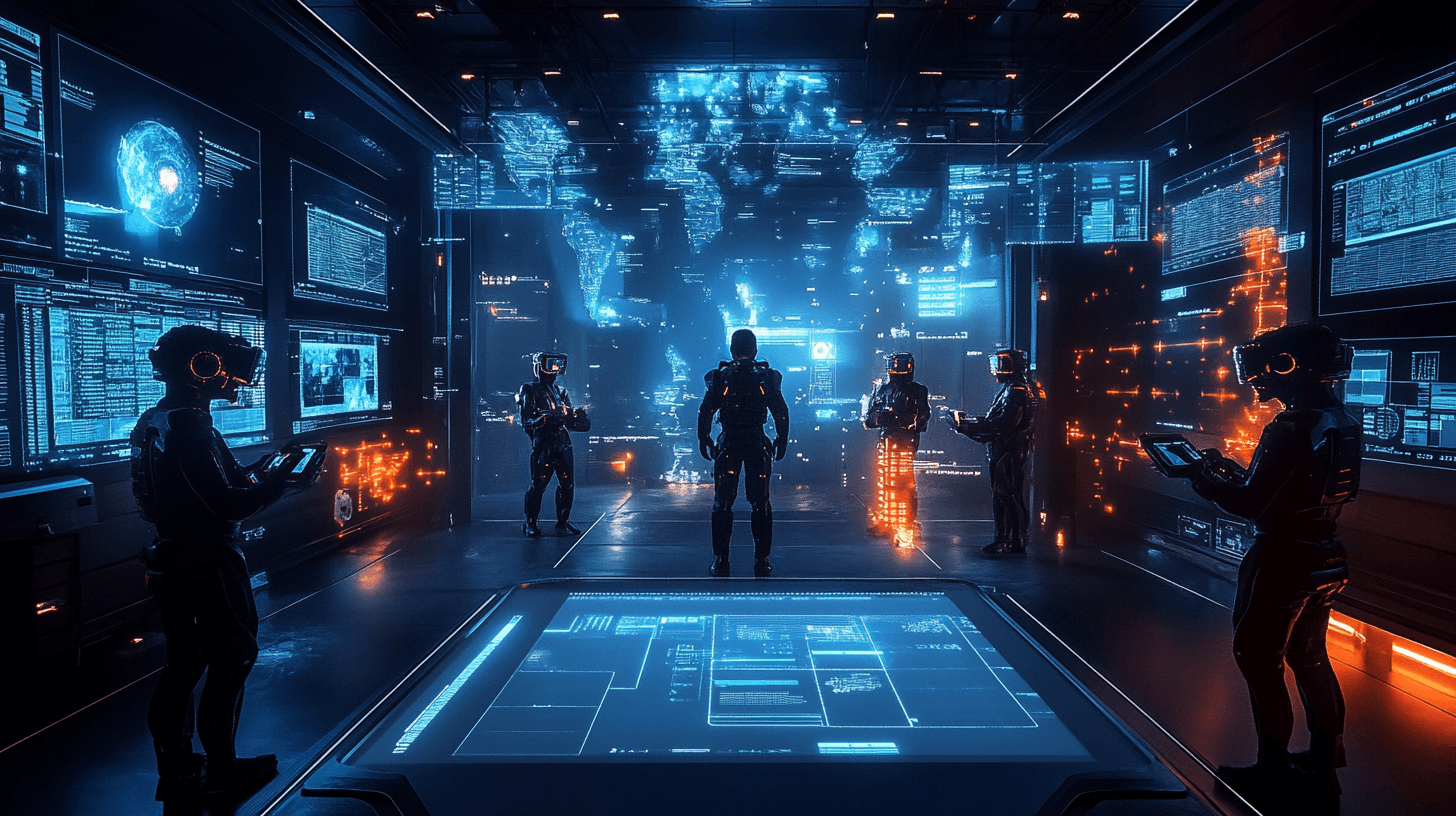 Immersive VR training with live performance data and analytics captured by The Oasis platform in a dark simulation room.