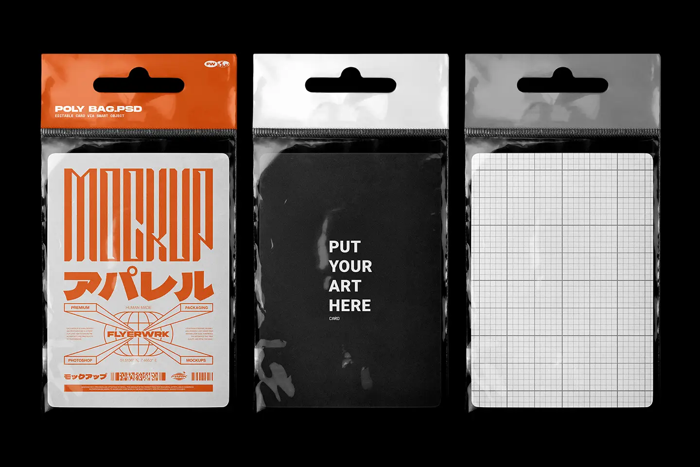 Hanging Poly Bag Mockup featuring an orange and white header design with realistic plastic bag reflections