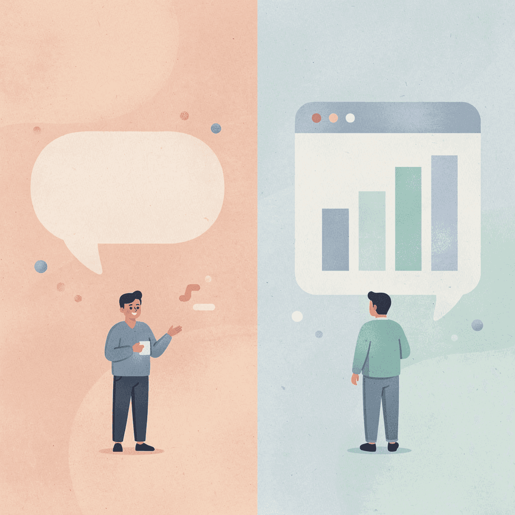 Split scene showing fragmented workflow versus focused analysis