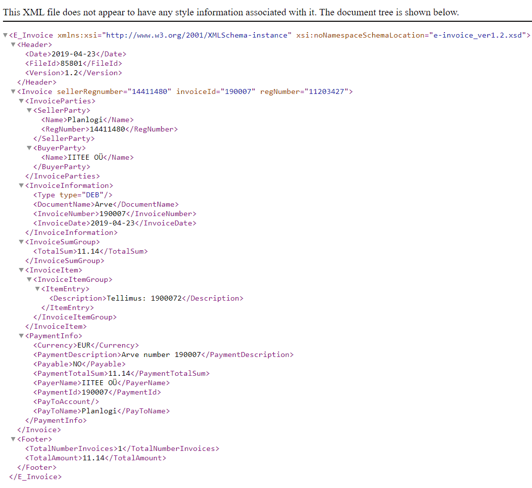 E-arve XML-faili eelvaade Planlogis