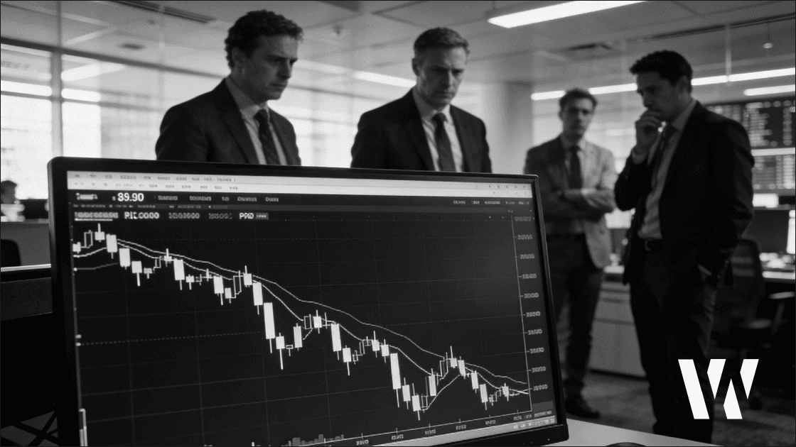 Black-and-white editorial photo of tense analysts on a dimly lit trading floor watching plunging stock indexes and a falling Bitcoin price chart, illustrating global market stress and crypto reaction to a weak U.S. jobs report.