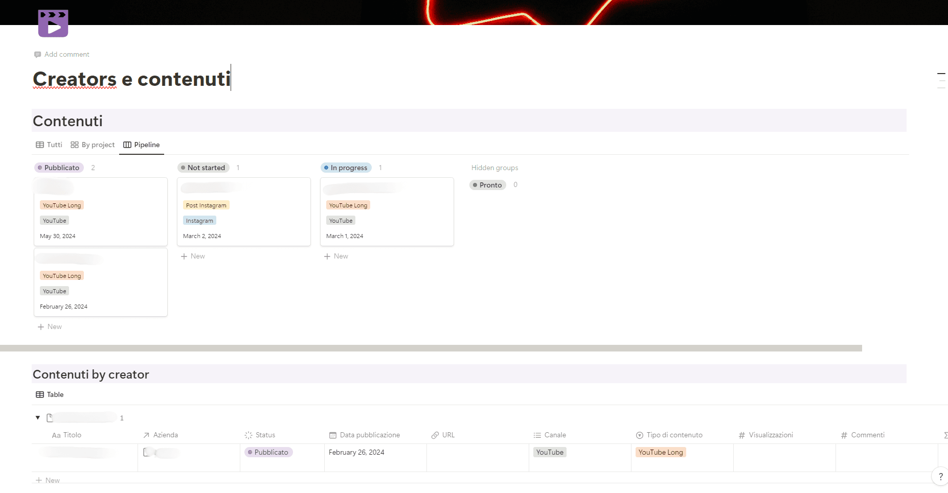 Esempio di subpage creators e contenuti con diverse viste di database