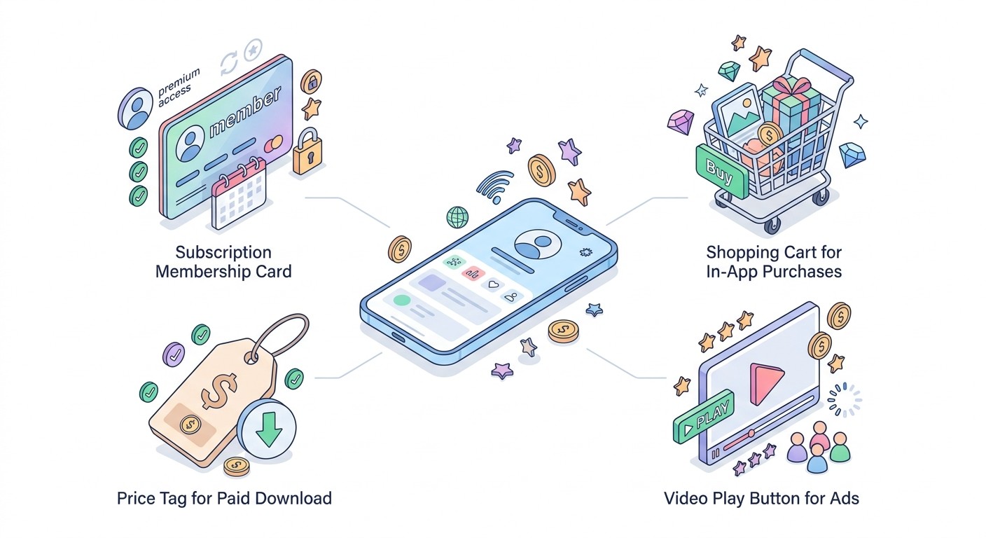 The four main app monetization models: subscriptions, in-app purchases, ads, and paid downloads around a phone