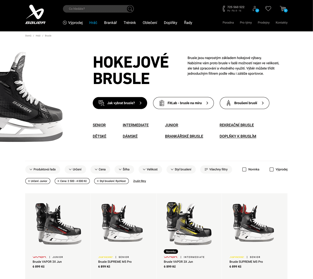 Screenshot of Bauer hockey e-shop