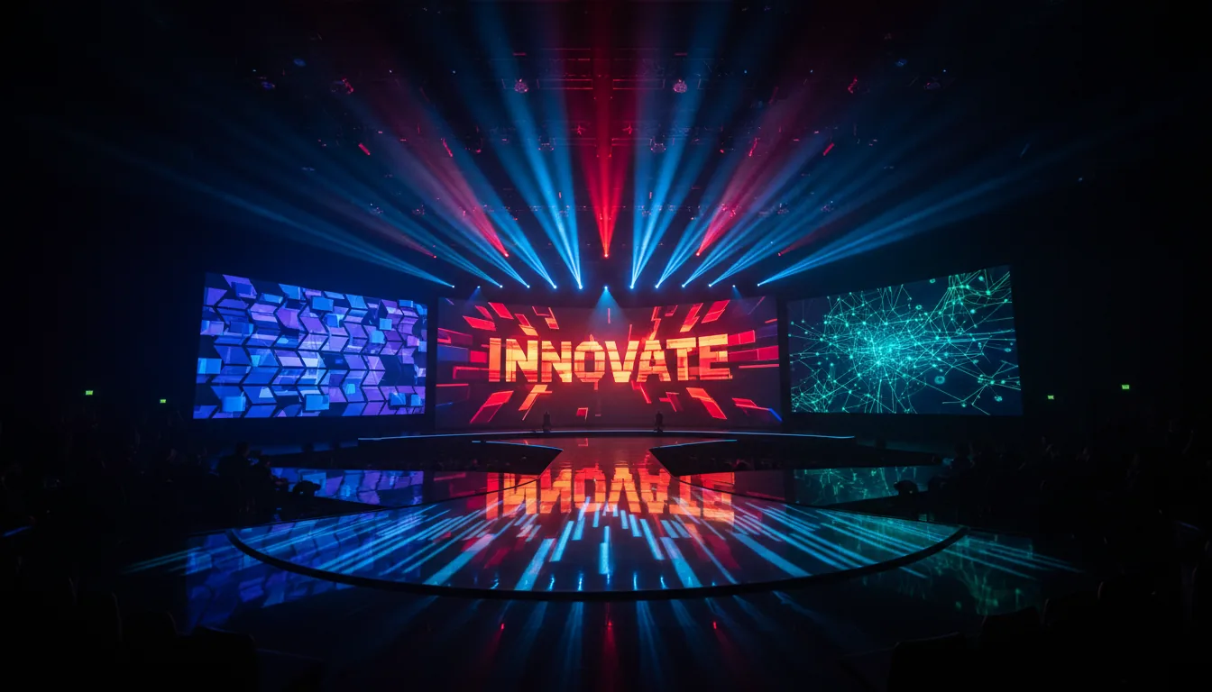 DSLR, wide-angle photograph of a modern tech conference stage inside a dark auditorium. The foreground shows a curved, glossy, dark floor with vibrant reflections. A massive LED screen backdrop displays bold, abstract digital art: a central word made of colorful orange and red blocky patterns, flanked by screens with geometric and illustrated graphics. Cinematic contrast lighting with deep shadows, punctuated by bright blue and red overhead spotlights.
