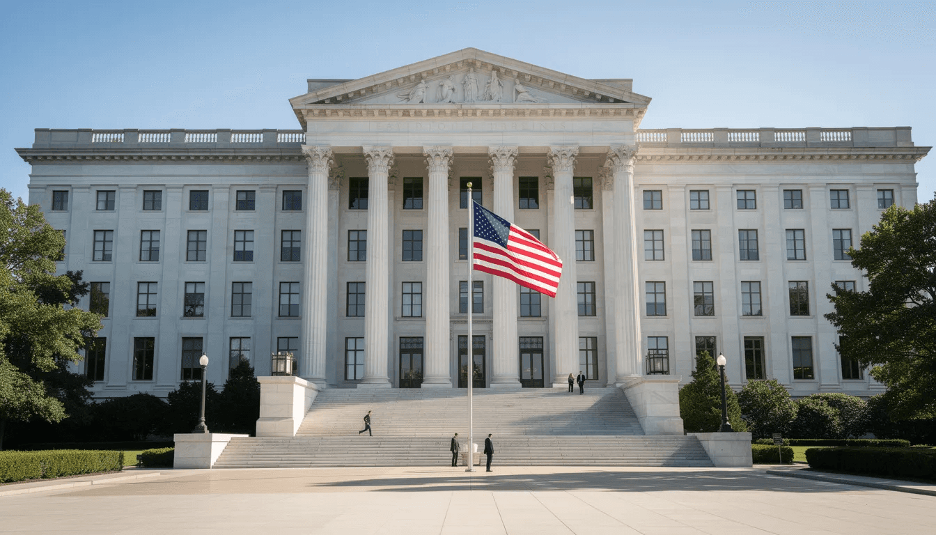 The image depicts a grand American government building showcasing classical architecture, characterized by tall columns and intricate stonework, symbolizing the federal government's authority. This architectural style often represents the stability and permanence associated with laws like estate and inheritance taxes that affect the deceased person's estate and their beneficiaries.