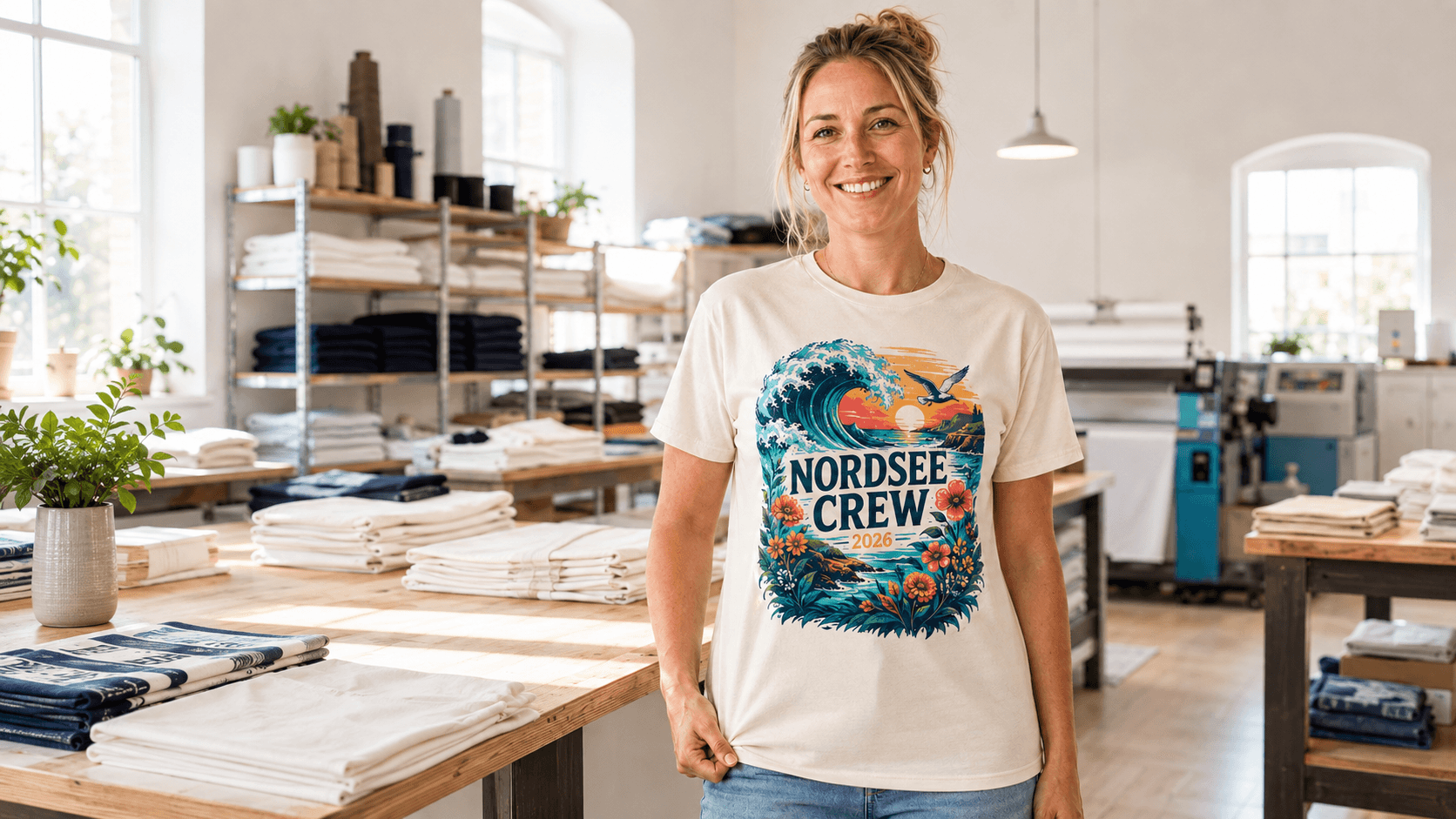 Nordsee-Crew in individuell bedruckten Textilien