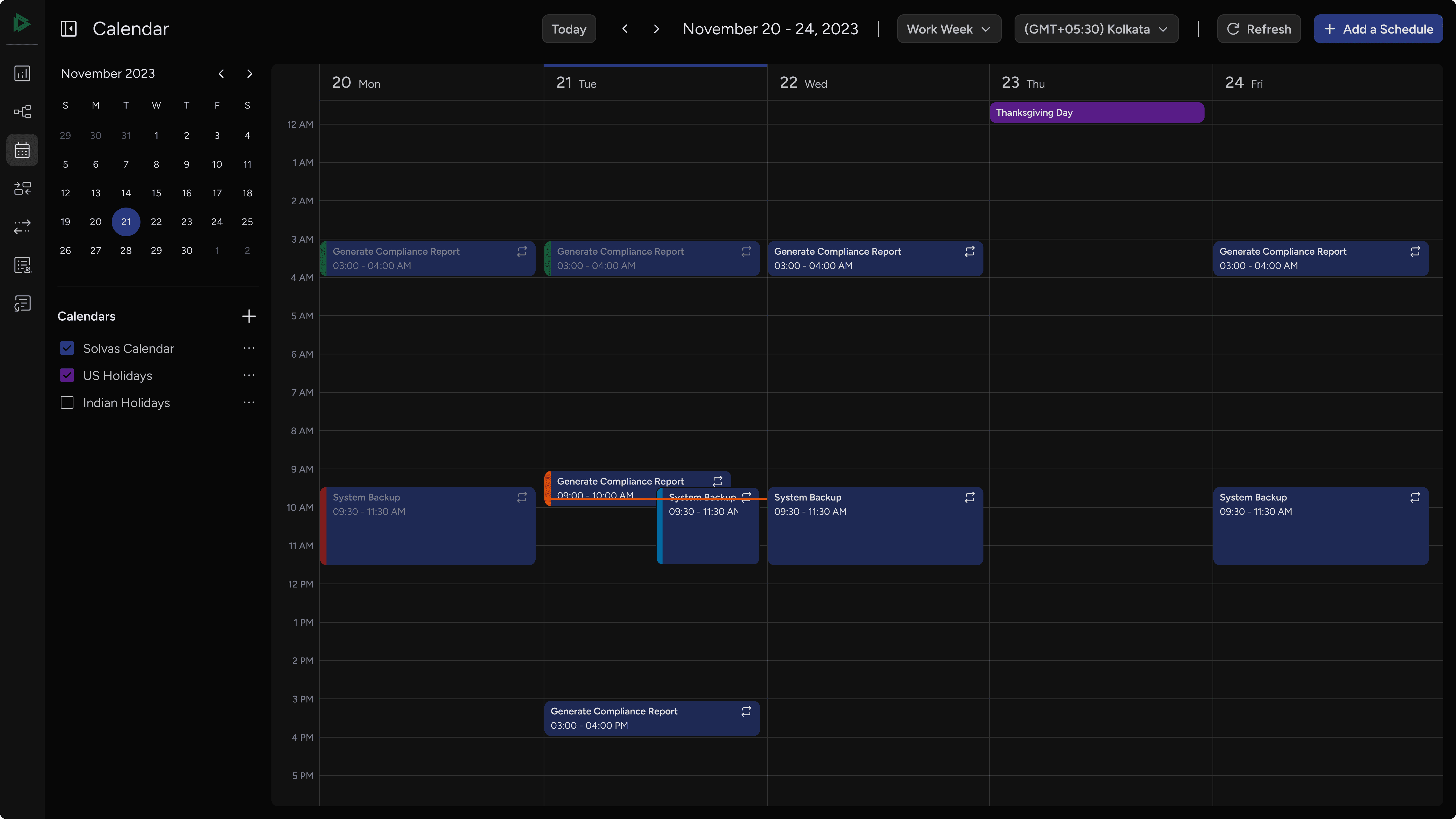 Calendar work-week view showing scheduled processes with overlapping events and different calendars enabled
