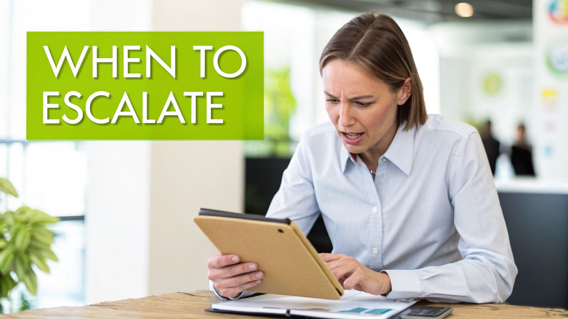 Professional woman with a worried expression, using a tablet, with 'WHEN TO ESCALATE' text.