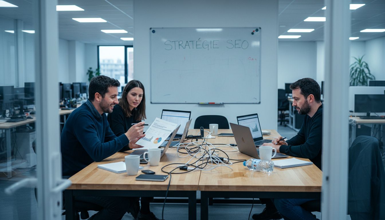 L’équipe de l’agence SEO en pleine séance de travail autour d’une table