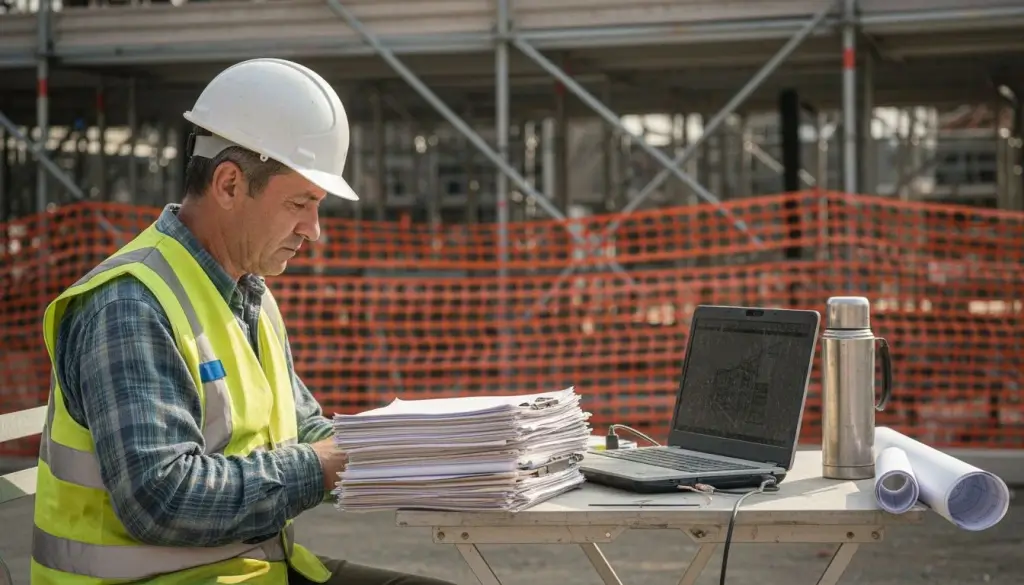 Il responsabile controlla la documentazione mentre il cantiere è in piena attività.