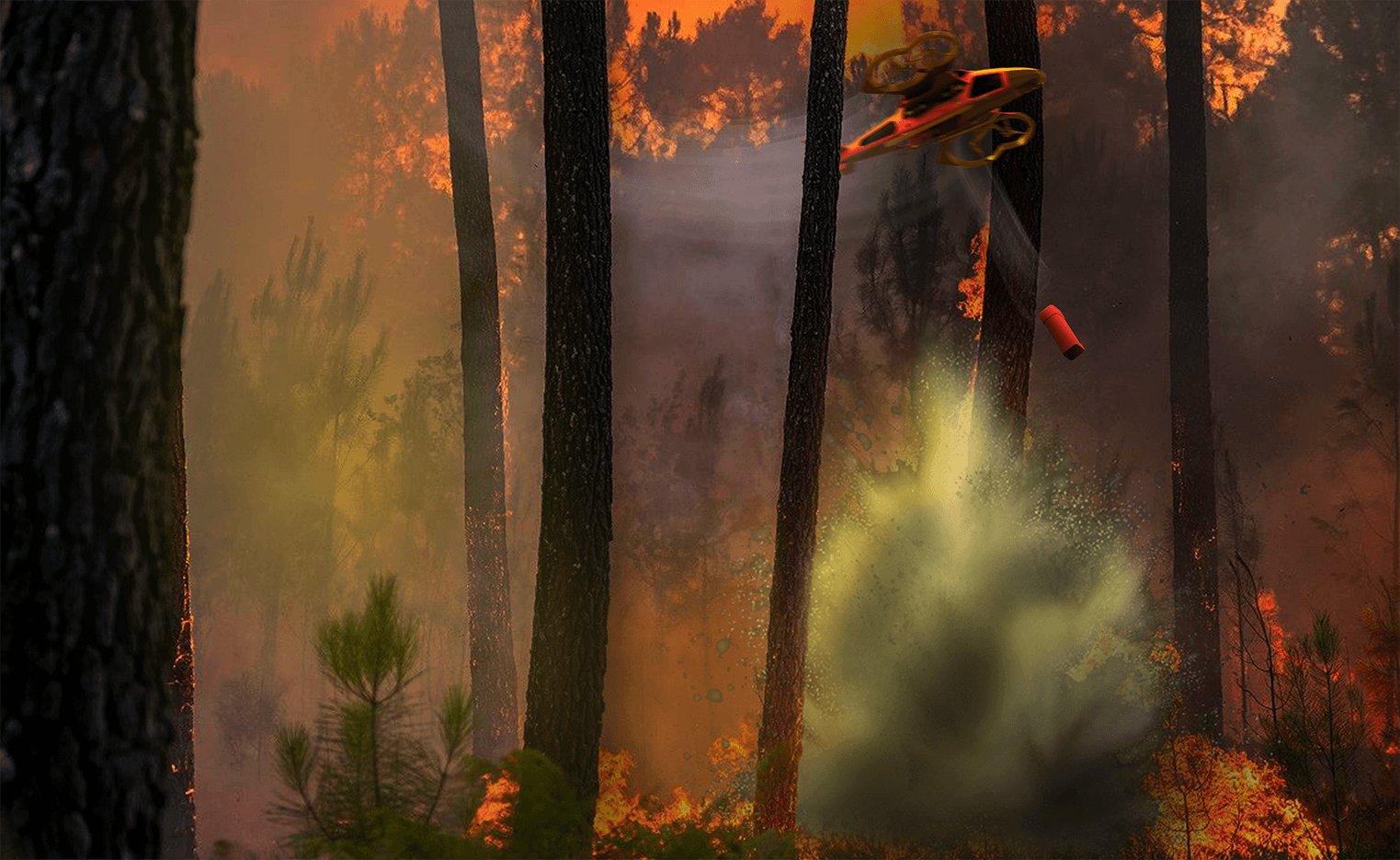 Conceptual rendering of the firefighting drone in action, dropping a fire suppression grenade to contain a forest blaze.