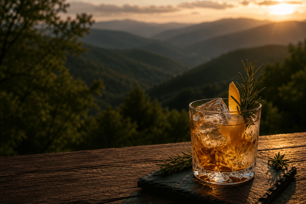Whiskey cocktail with rosemary garnish on a wooden table at sunset in the Asheville mountains