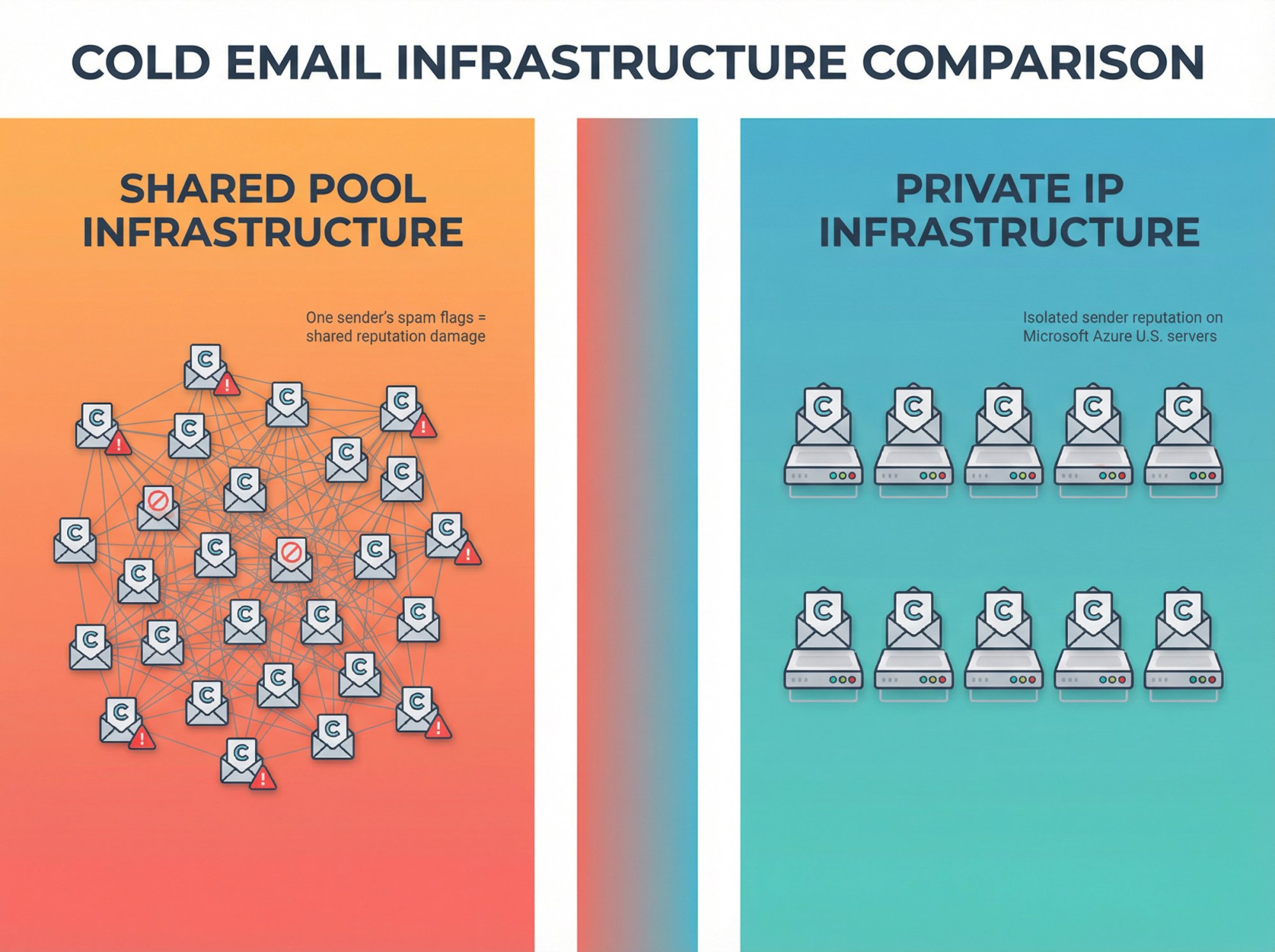 Split comparison showing pooled warmup infrastructure vs private Microsoft Azure servers for cold email deliverability