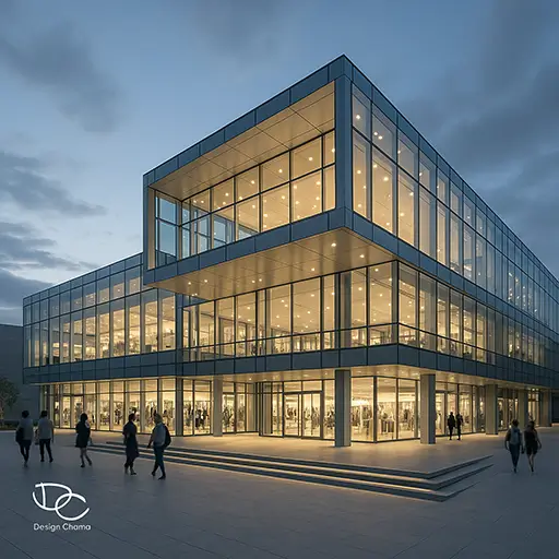 Υπερσύγχρονο εμπορικό κτήριο από γυαλί και ατσάλι με καθαρές γραμμές και φωτεινή πρόσοψη στο σούρουπο.