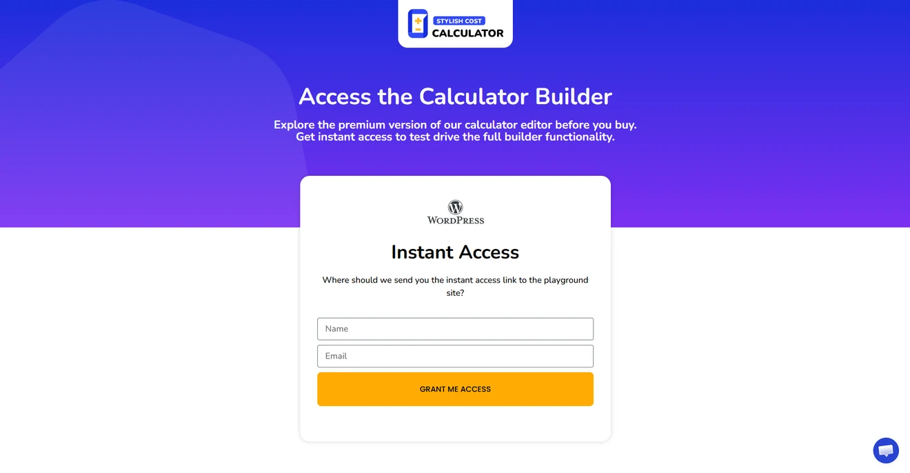 Stylish Cost Calculator form offering instant access to test the premium calculator builder