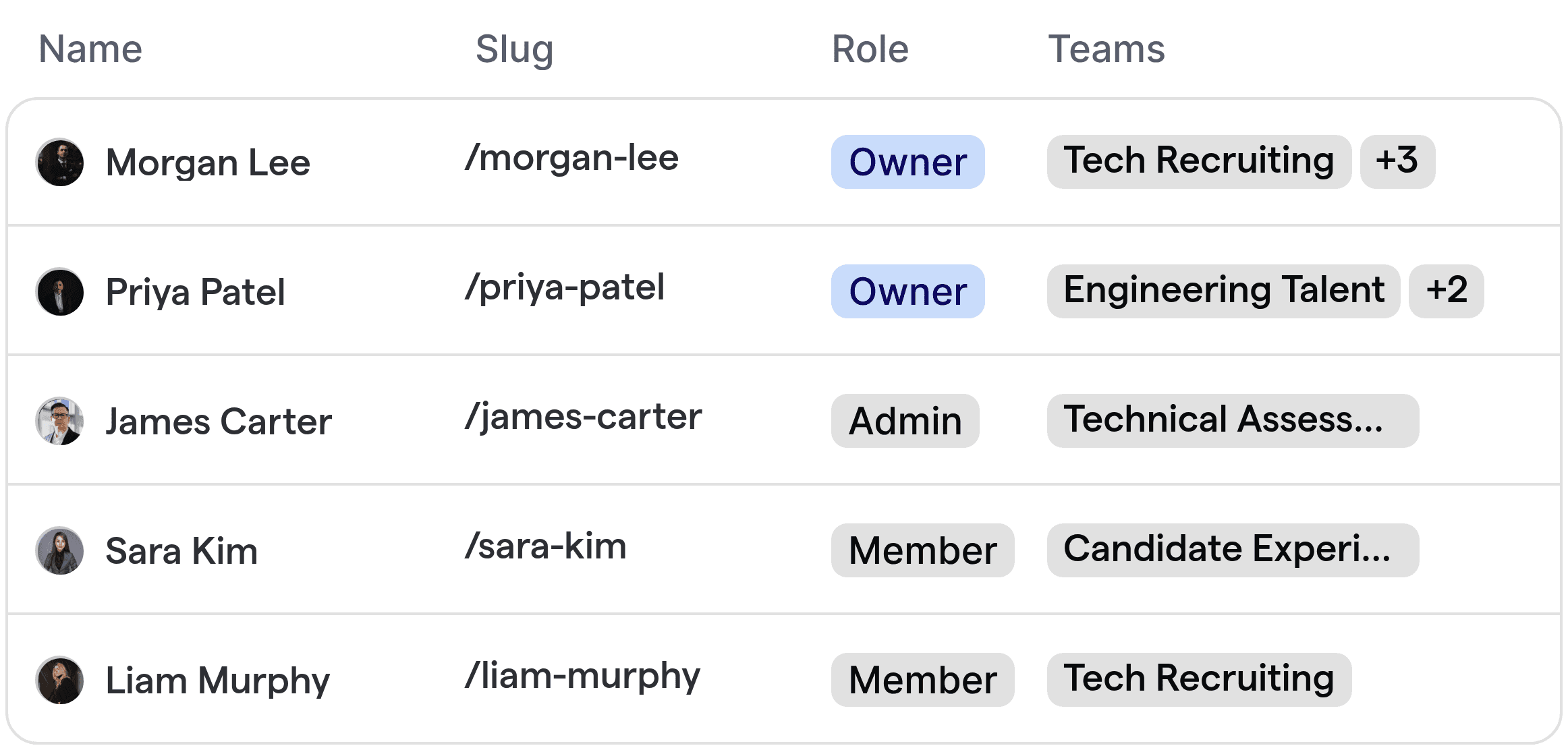 Automated technical recruiter assignment interface, displaying recruiters sorted by specialty and team.