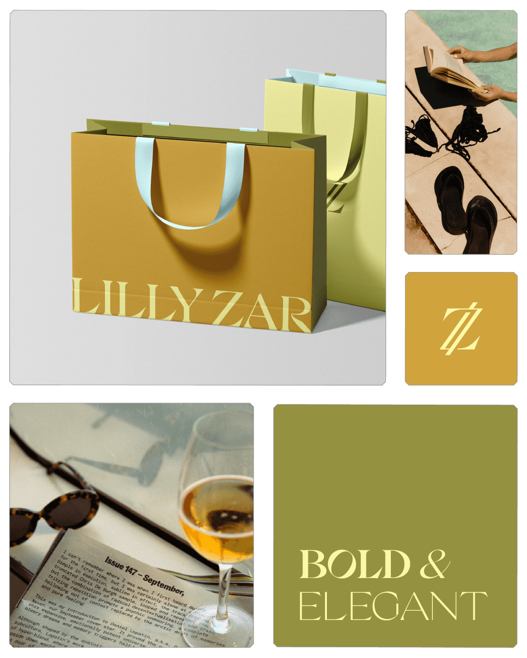 Lilly Zar identity applied across luxury fashion, packaging and digital communications.