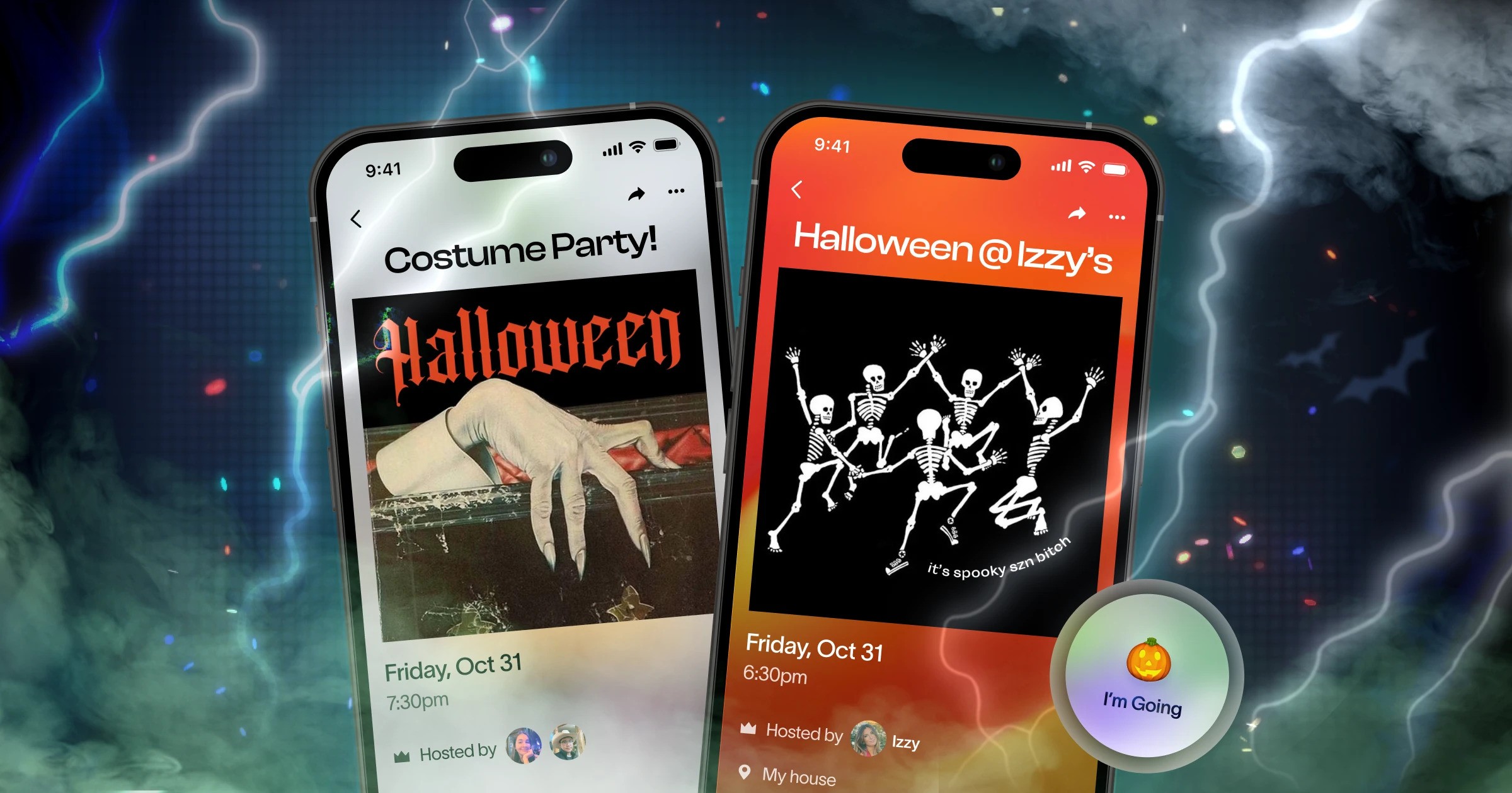 Two smartphones displaying colorful app interfaces, surrounded by festive balloons in a vibrant setting.