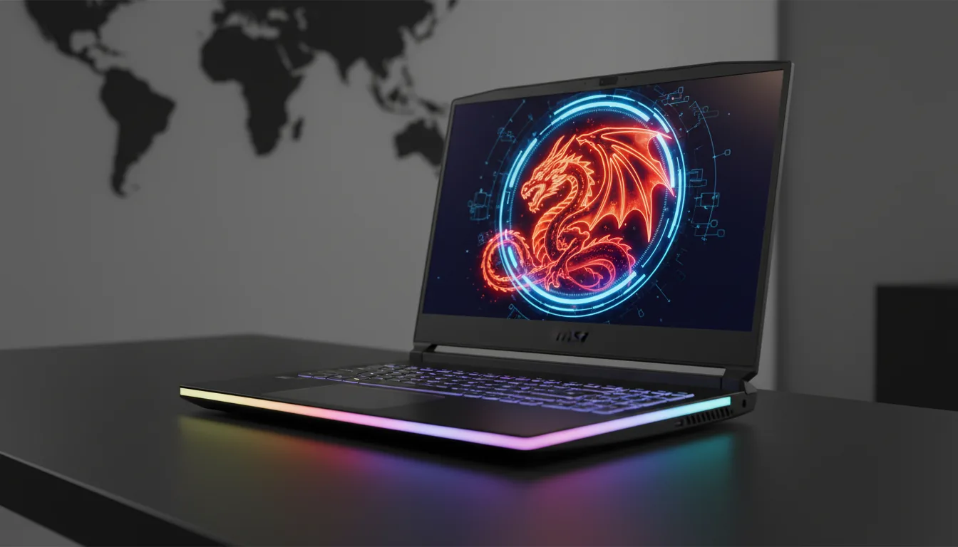 DSLR photography of a black MSI high-performance gaming laptop on a dark matte desk, shot at a three-quarters angle. The laptop screen is on, displaying a vibrant wallpaper with a glowing neon orange and red dragon logo inside a futuristic blue circular interface. A prominent rainbow gradient RGB light bar glows along the front edge of the chassis, reflecting on the surface. The scene is lit with soft studio lighting, creating a shallow depth of field that gently blurs the dark world map art hanging on the wall in the background.