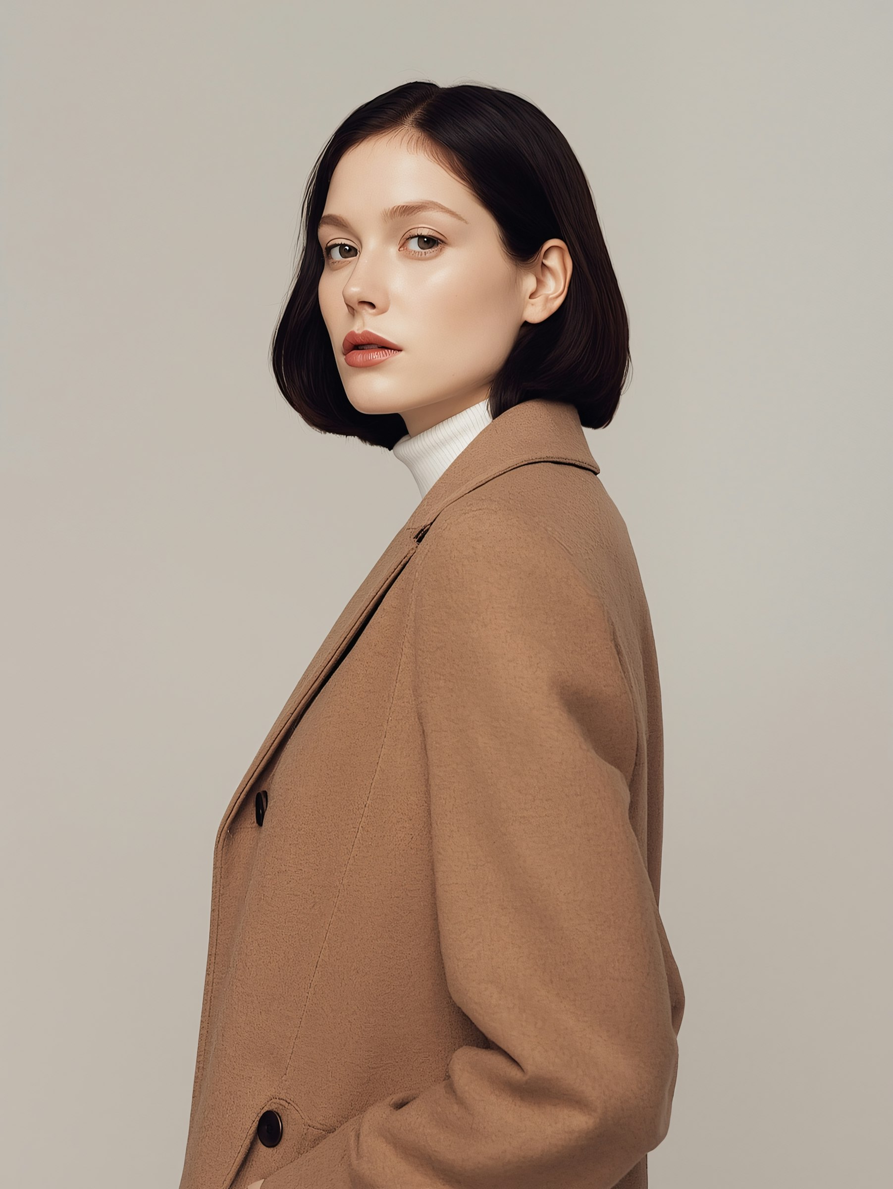 Stylish woman in a camel coat and white turtleneck, posing against a beige background with a modern and minimalist vibe.