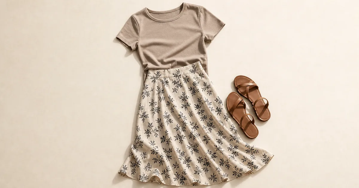 fitted tee + midi skirt + flat sandals arranged on a warm ivory background