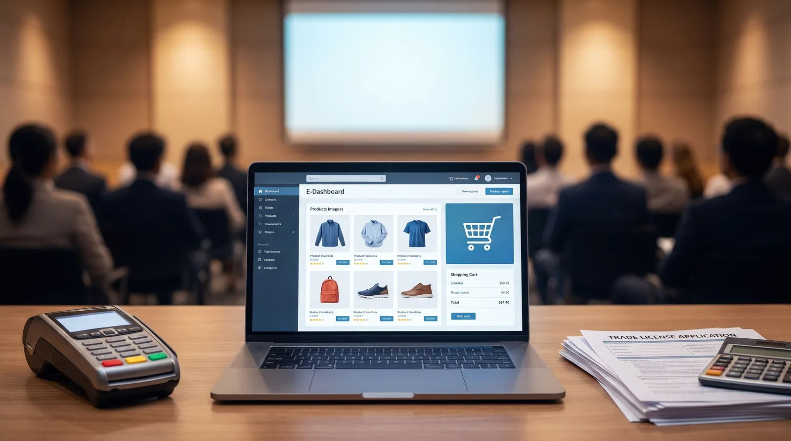 Trade license for online selling Dubai with laptop and packed parcels